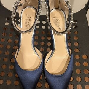 Badgley Mischka Navy Satin Pointed Toe Crystal-Ankle Straps